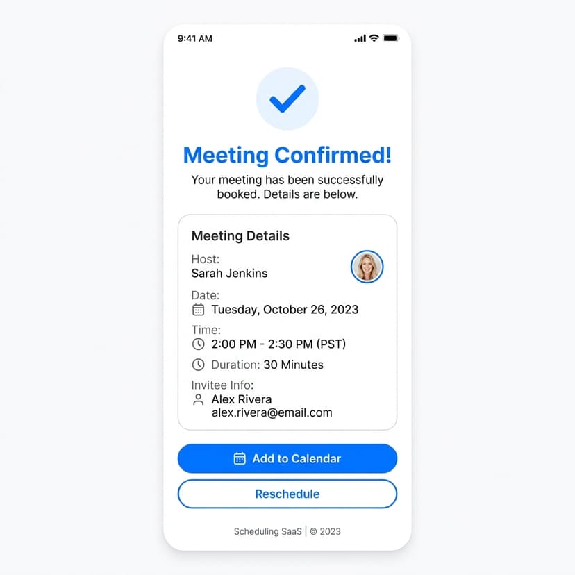 Meeting confirmation screen with all booking details